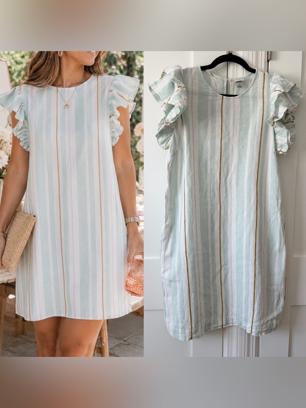A New Day Stripe Linen Blend Pastel Flutter Sleeve Shift Dress Mint Green Sz M